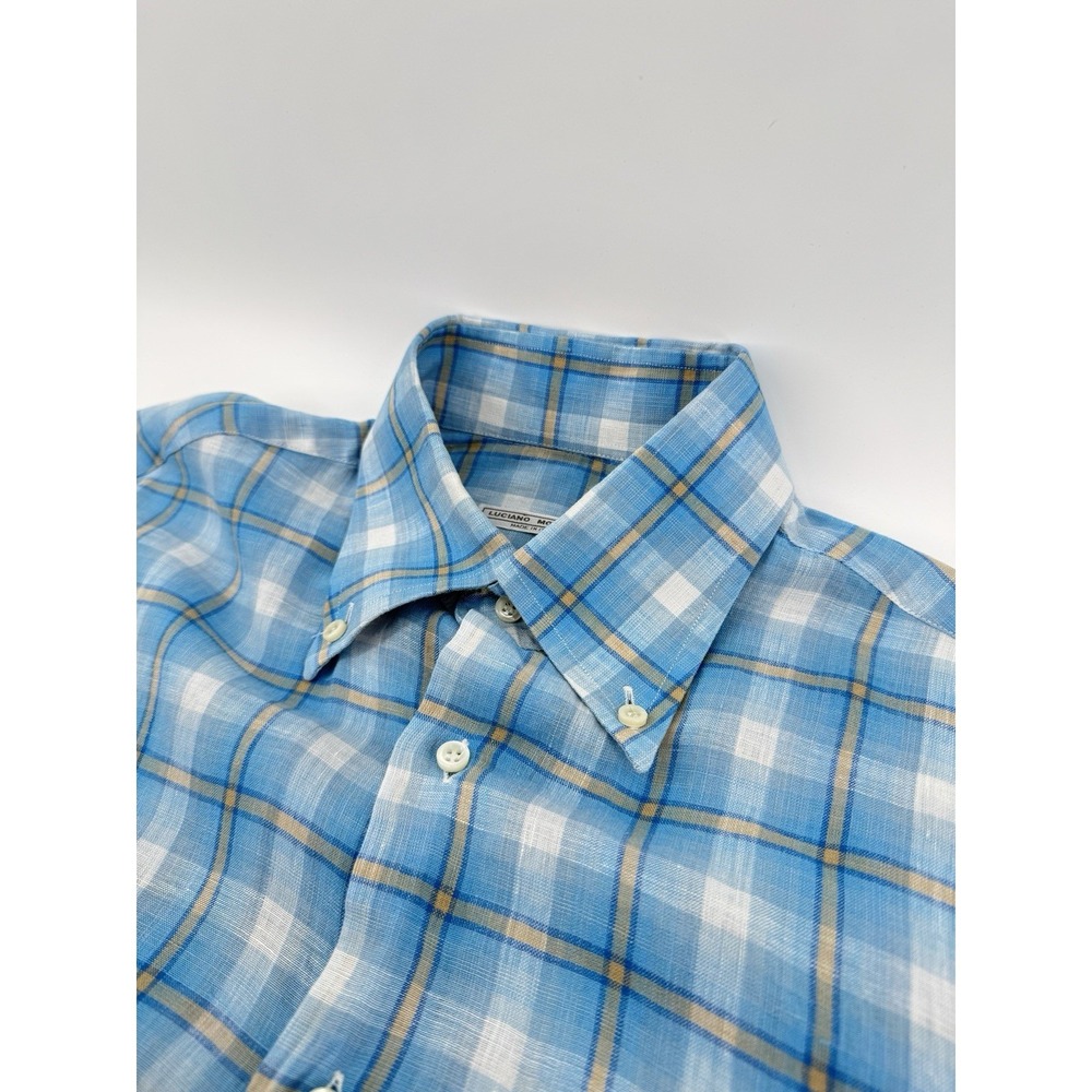 Luciano Moresco Mens Medium Blue Plaid Linen‎ Button Down Shirt Made in Italy